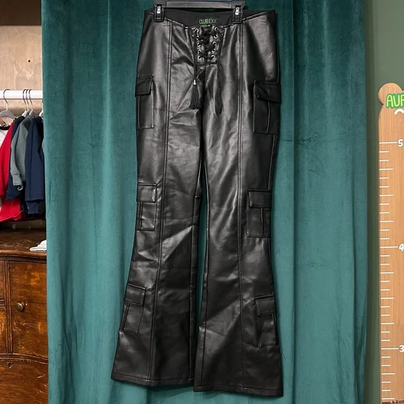 Club Exx Groundwork Cargo Flare Vegan Leather Lace-Up Low Rise Pants DollsKill - Picture 9 of 14